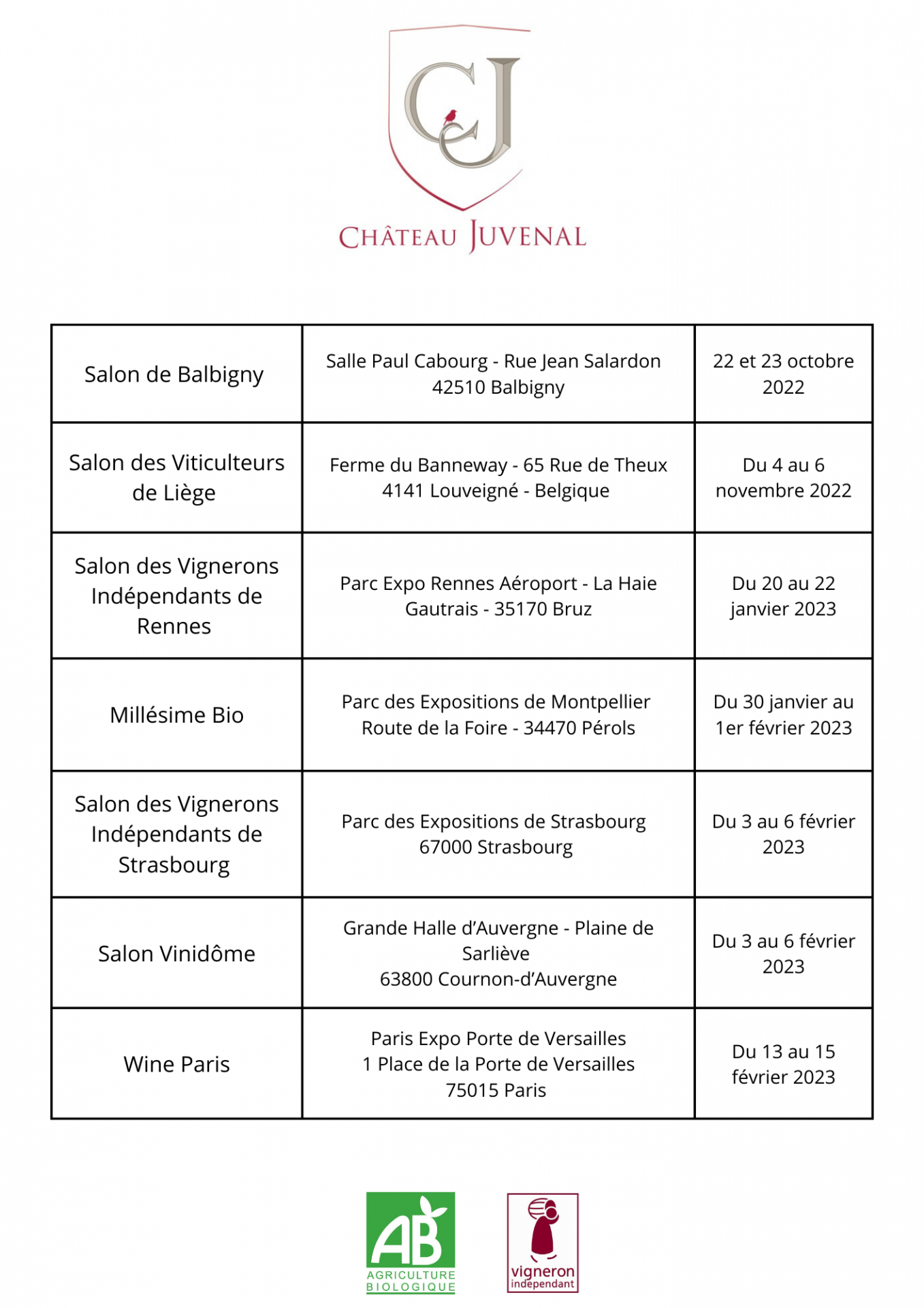 Pour info cha teau juvenal participe aux salons suivants 2